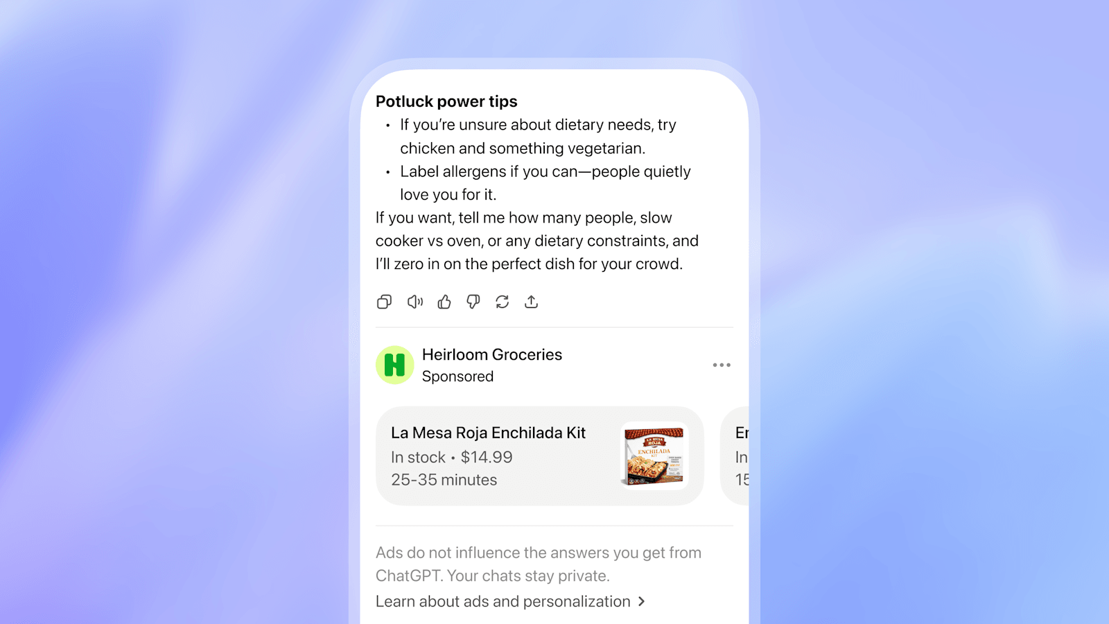 Oficjalny przykład OpenAI: odpowiedź ChatGPT i oznaczona reklama Heirloom Groceries