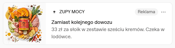 Rzeczywista karta reklamy Zupy Mocy w ChatGPT - przykład 1